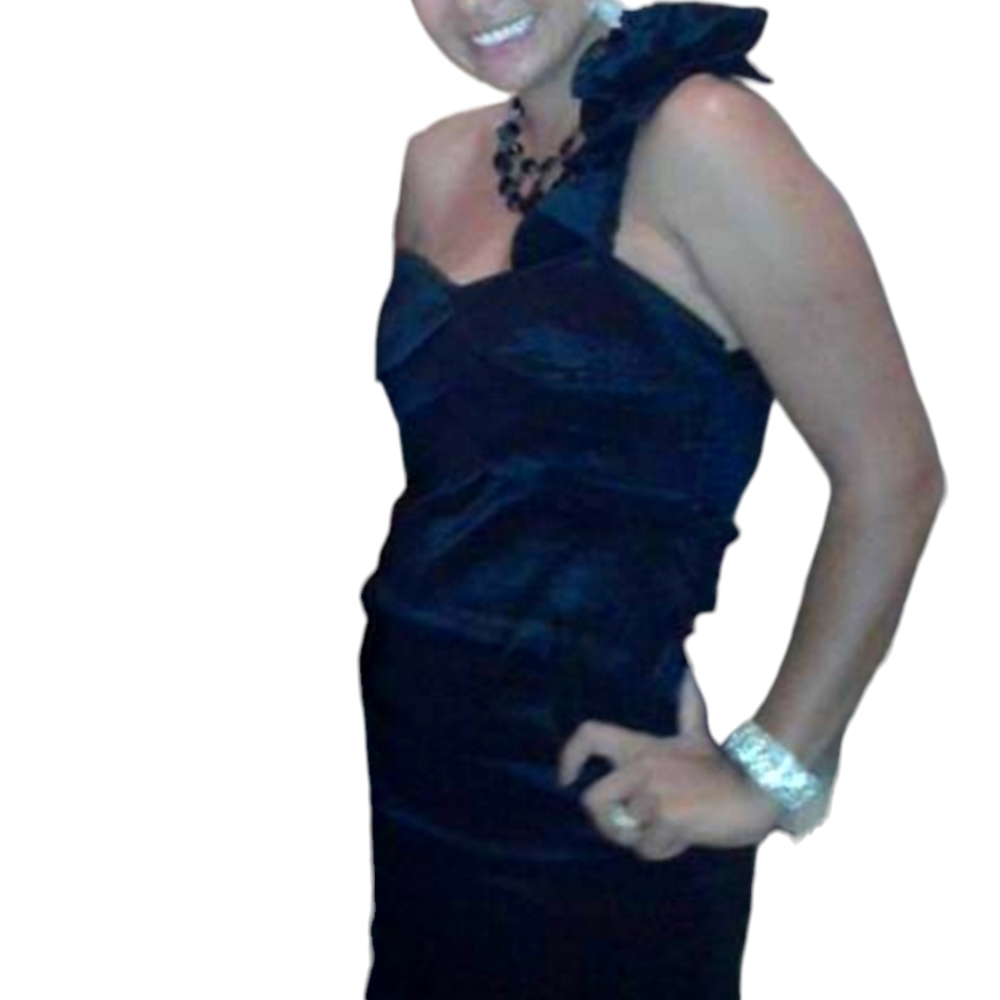 ICU Holiday party dress one shoulder rosette zip side crepe feel M Black shiny